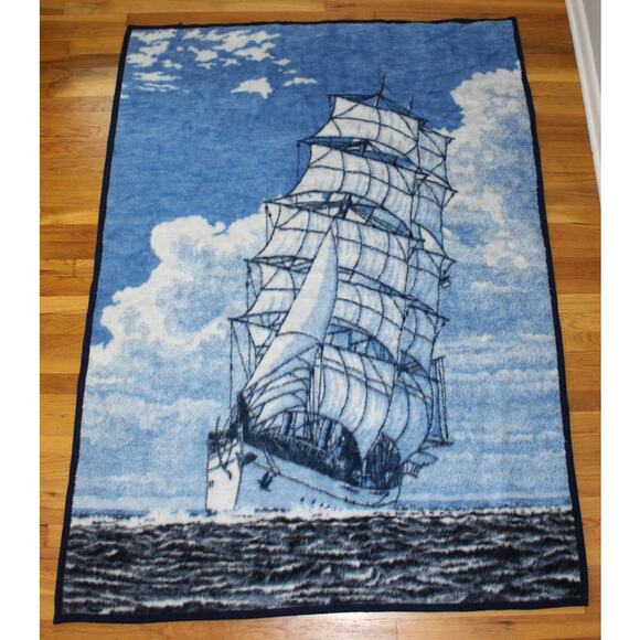 VTG Biederlack Acryl Velours Blue Ship Throw Blanket W. Germany Reversible 54x73 - Picture 1 of 4